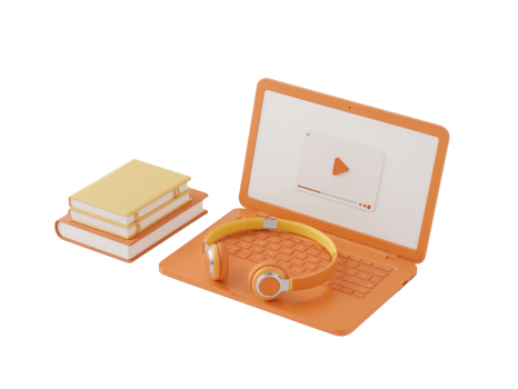 A vibrant orange laptop set with books and headphones creating a digital learning scene png