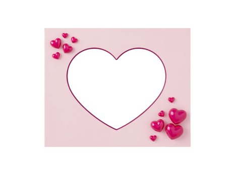 Romantic pink frame with heart-shaped cutout surrounded by small, lustrous, roseate hearts on a png