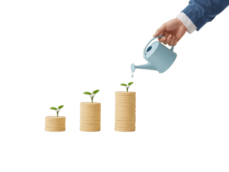 Cultivating Financial Growth Hand Watering Sprouts atop Increasing Stacks of Coins on Isolated png