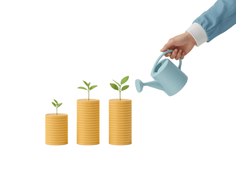 Watering can nourishing stacked golden coins with flourishing green sprouts on transparent surface png