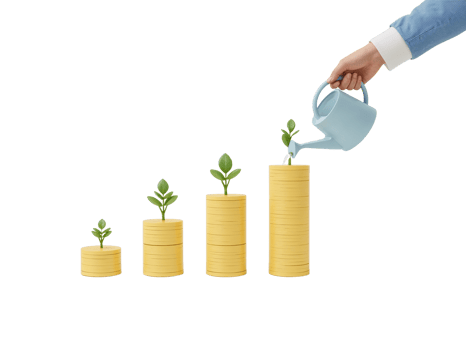 Nurturing Financial Growth Hand Watering Seedlings on Increasing Coin Stacks Isolated png