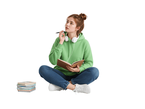 Introspective young woman studying with books, headphones, and pen on an isolated scene png
