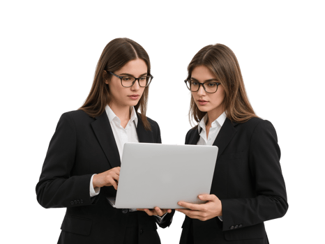 Two Focused Businesswomen Collaborating on Laptop Project with Isolated Transparent Background png