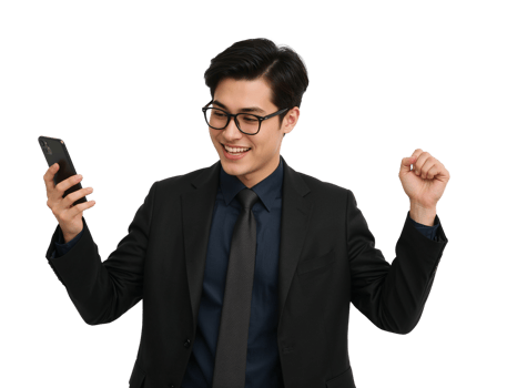 Energetic young professional celebrating mobile success with elation on transparent space png