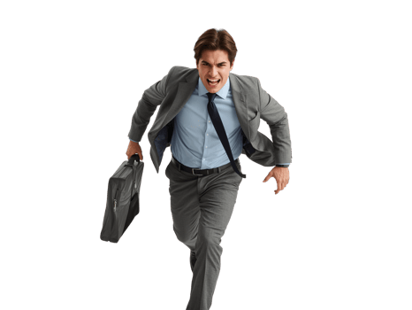Frustrated professional dashing forward with briefcase on an isolated background representing a png