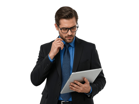 Sophisticated businessman reviewing data on a tablet against isolated transparent backdrop, png