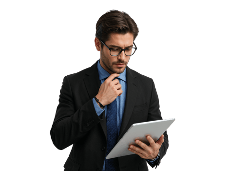 Contemplative businessman with glasses using a tablet on an isolated transparent setting png