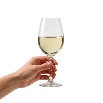 Elegant presentation of white wine held delicately by a human hand on an isolated background, png