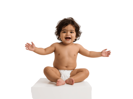 Joyful baby sitting with arms outstretched in a welcoming gesture on an isolated setting png