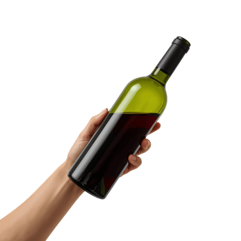 A poised hand presenting a vintage wine bottle against a clean, minimalist backdrop showcasing png