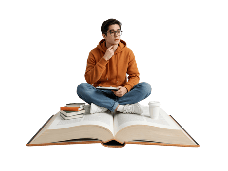 Young man in glasses contemplating on a giant book with isolated transparent background png