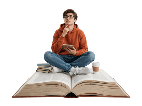 Contemplative student with tablet sitting cross legged atop oversized book, transparent background png