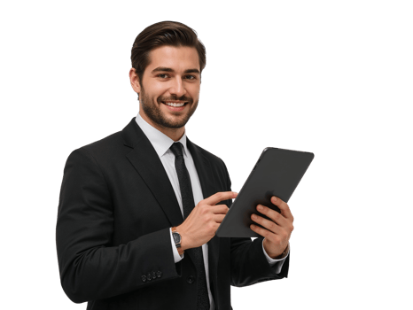 Confident businessman interacting with his tablet against an isolated transparent backdrop, png