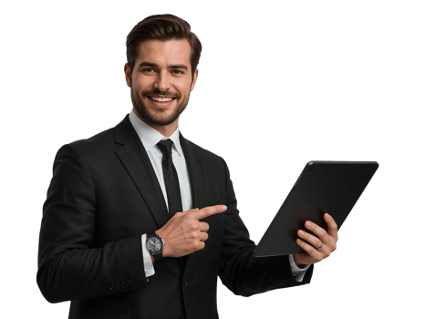 Confident entrepreneur showcases digital advancements using a tablet on transparent backdrop png
