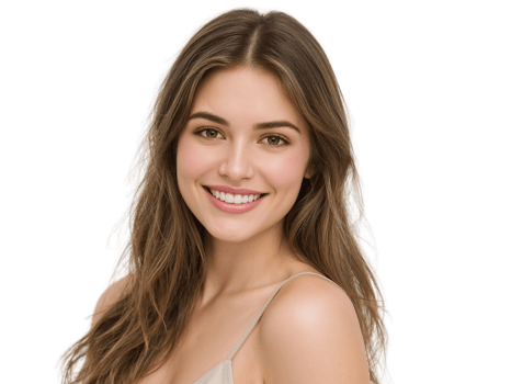 Radiant beauty portrait of a young woman with captivating smile and flowing hair on a transparent png
