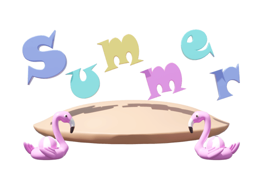 3D render of the word Summer in floating pastel letters over a surfboard platform with two pink flamingo pool floats and beach balls isolated. Concept for vacation, holiday, beach fun. png