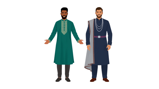 Two traditionally dressed men in a modern stylized illustration with vibrant costumes, standing png