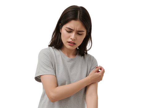 Young woman experiences discomfort and pain in her arm with isolated transparent presentation png