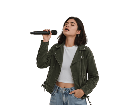 Passionate young woman singing into a microphone against an isolated transparent backdrop, png