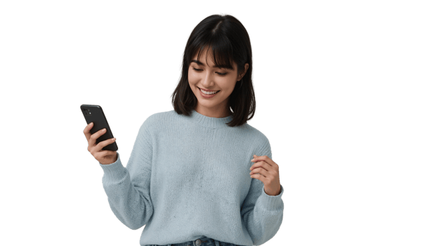 Smiling young woman with a mobile phone isolated against a transparent setting png