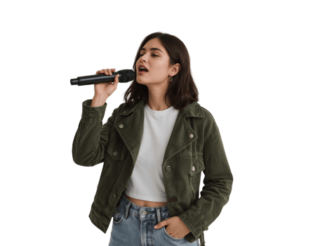Passionate young woman with a microphone immersed in musical expression against transparent layout png