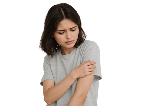Young woman experiencing discomfort, clutching her upper arm against isolated space, conveying png