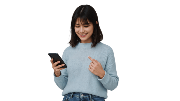 Enthusiastic woman interacting with her smartphone on isolated transparent design space png