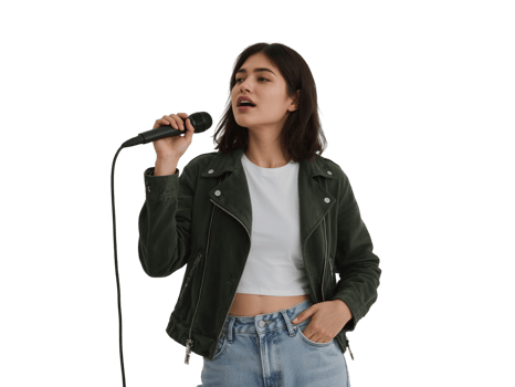 Enthusiastic young woman showcasing her vocal talent against a spacious isolated atmosphere png