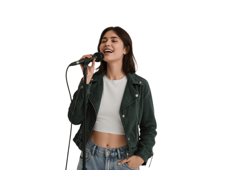 Passionate female singer performing with a microphone on an isolated transparent background png