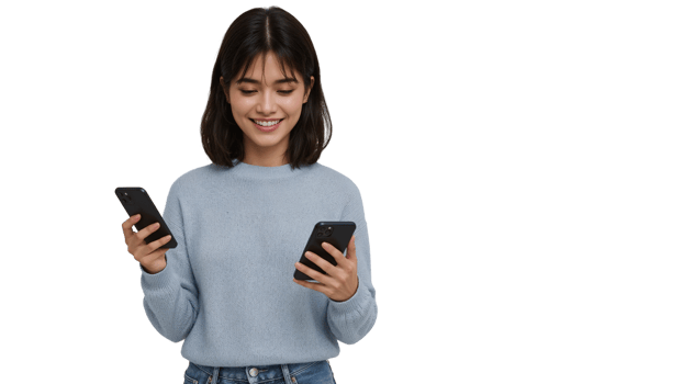 Cheerful young woman joyfully holding two mobile phones, captivated by the potential of diverse png