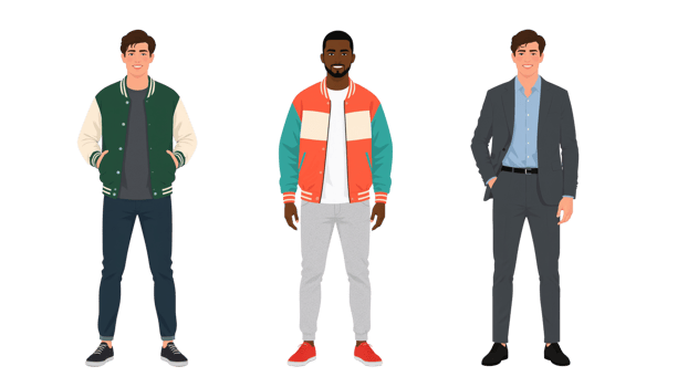 Diverse group of illustrated men showcasing various fashion styles, isolated with transparent space png