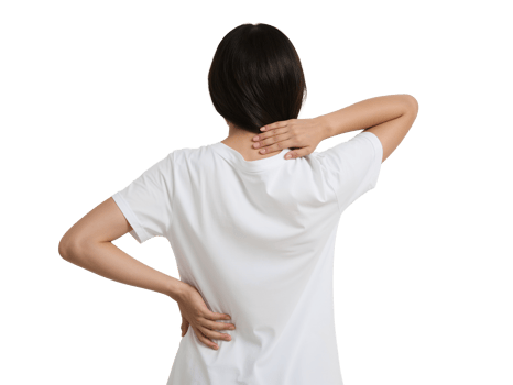 Isolated woman experiencing neck and lower back ache on transparent background, showing discomfort png