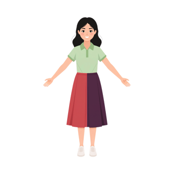 Illustration of a cheerful girl in a light green polo shirt and colorful skirt on a clear area png