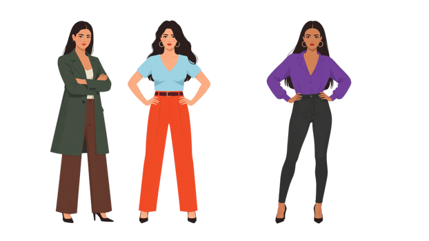 Three stylish women in fashionable outfits standing confidently with isolated transparent background png