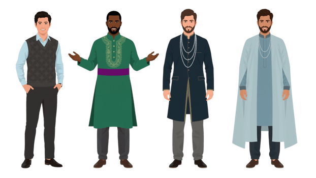 Diverse men showcasing modern and traditional attire isolated on a transparent stage png