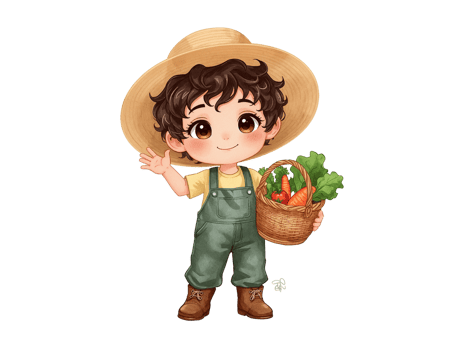 Illustration of a charming farmer boy with a straw hat holding a basket full of fresh vegetables png