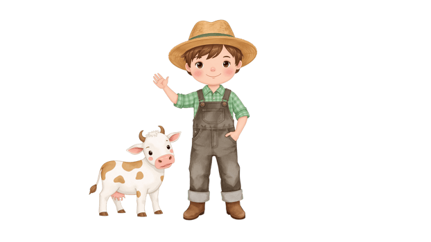 Charming illustration of a smiling boy farmer with a straw hat standing alongside a cute calf png
