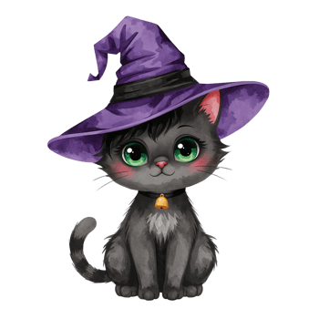 Whimsical feline sorceress with charming green eyes, radiating Halloween magic on transparency png