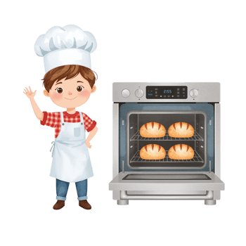 Adorable young baker presenting freshly baked loaves from a gleaming silver oven isolated on white png