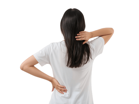Rear view of a woman experiencing back and neck discomfort against an isolated, light-filled png