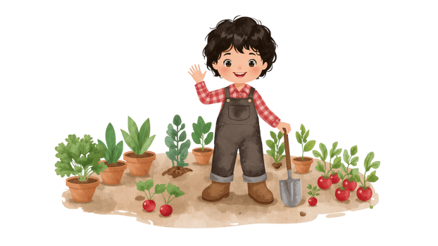 Illustration of a cheerful child gardener with a shovel amid plants, ready for harvesting, isolated png