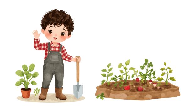 Charming cartoon illustration of a young boy gardening with plants and isolated transparent png