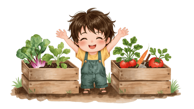 A Charming Illustration of a Cheerful Child Gardener Surrounded by Wooden Vegetable Planters png