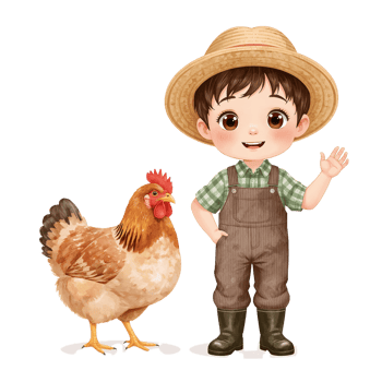 Adorable watercolor illustration of a young farmer with his prized chicken on a transparent canvas png