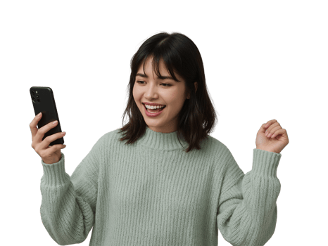 Excited young woman holds her smartphone, her face radiant with joy on transparent visual png