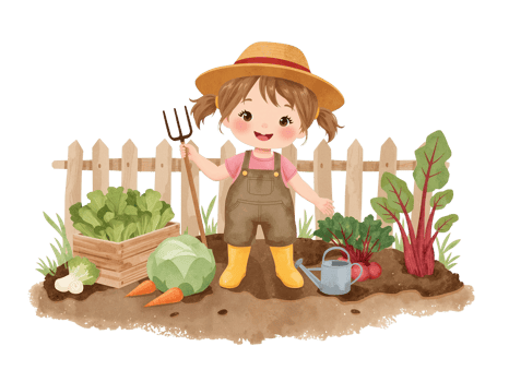 Charming cartoon girl in a farm scene, watercolor illustration, cute farm harvest with vegetables png