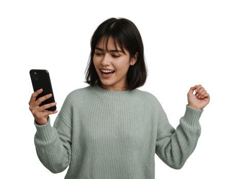 Excited young woman reacts to good news on her phone against isolated space png