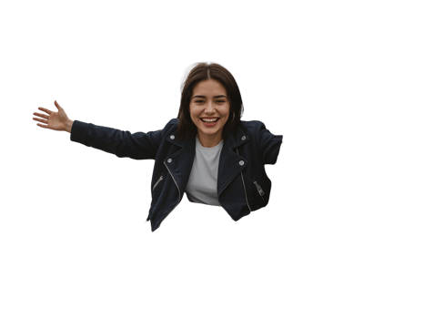 Joyful brunette woman on isolated backdrop with open arms, expressive smile, stylish jacket for png