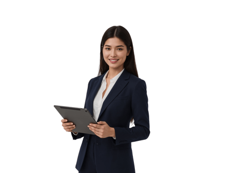 Confident businesswoman holding a tablet on an isolated transparent background showcasing png