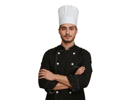 Confident male chef posing with arms crossed against a solid backdrop, presenting culinary png